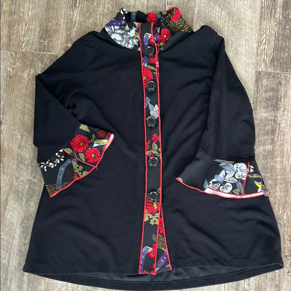 Ali Miles Black Floral-Trim Women's Coat tunic jacket
